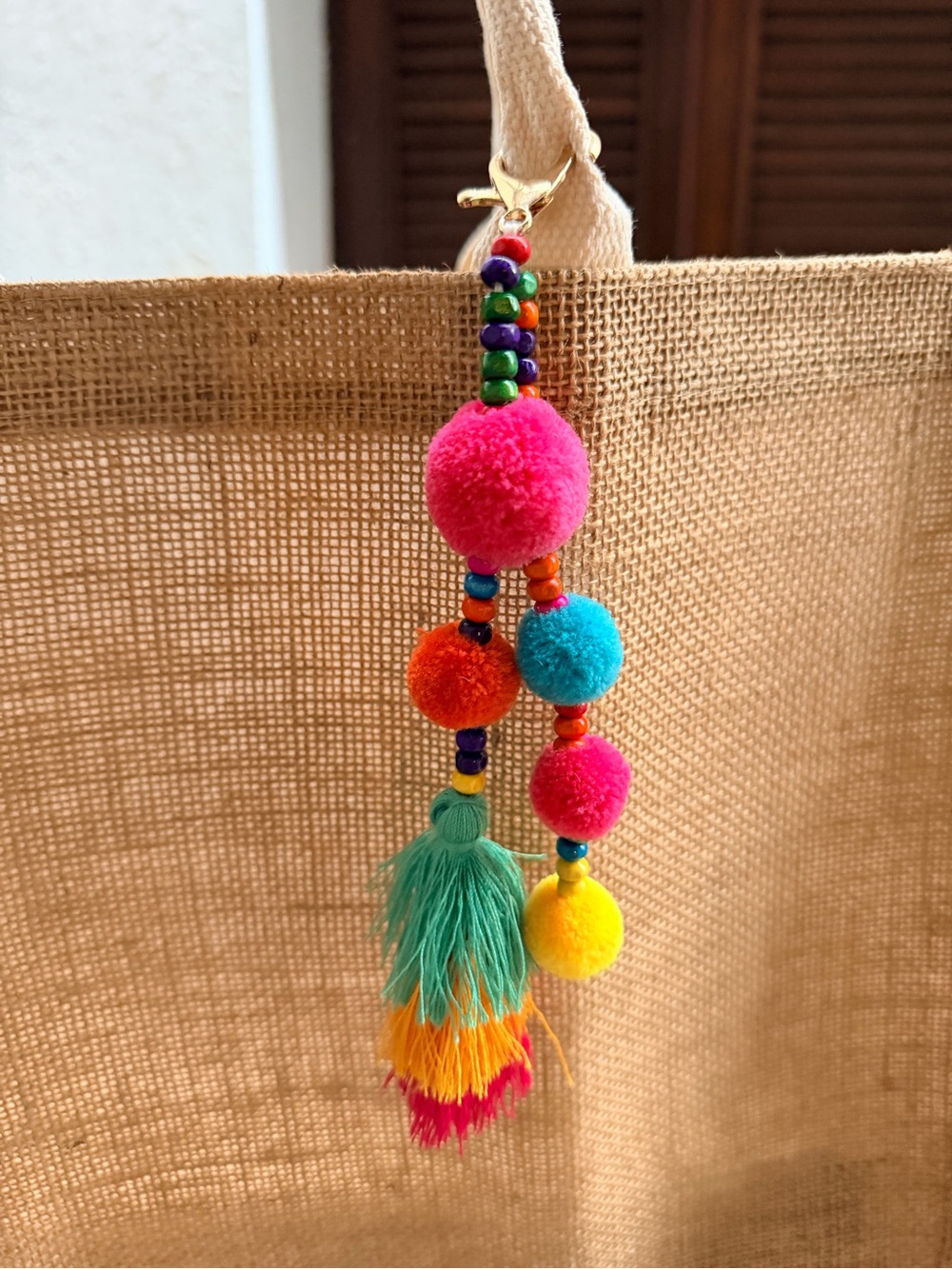 Natural Jute Tote Bag with Colorful Pom Tassel - Picture 2 of 2